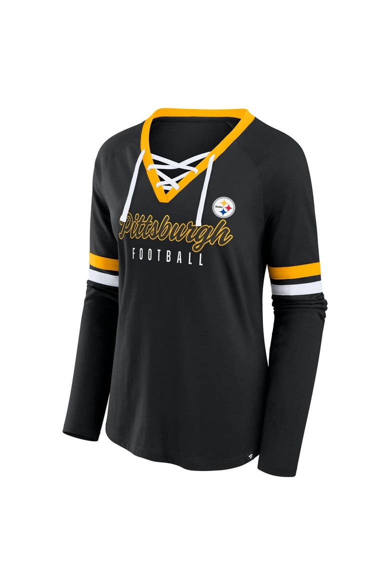 Women's Fanatics Black Pittsburgh Steelers Plus Size Won & Done Lace-Up V-Neck Long Sleeve T-Shirt, Alternate, color, Black