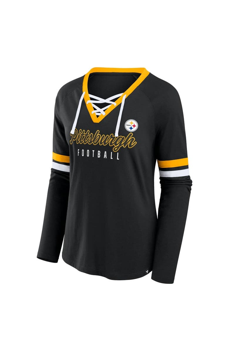 FANATICS Women's Fanatics Black Pittsburgh Steelers Plus Size Won & Done Lace-Up V-Neck Long Sleeve T-Shirt, Alternate, color, Black