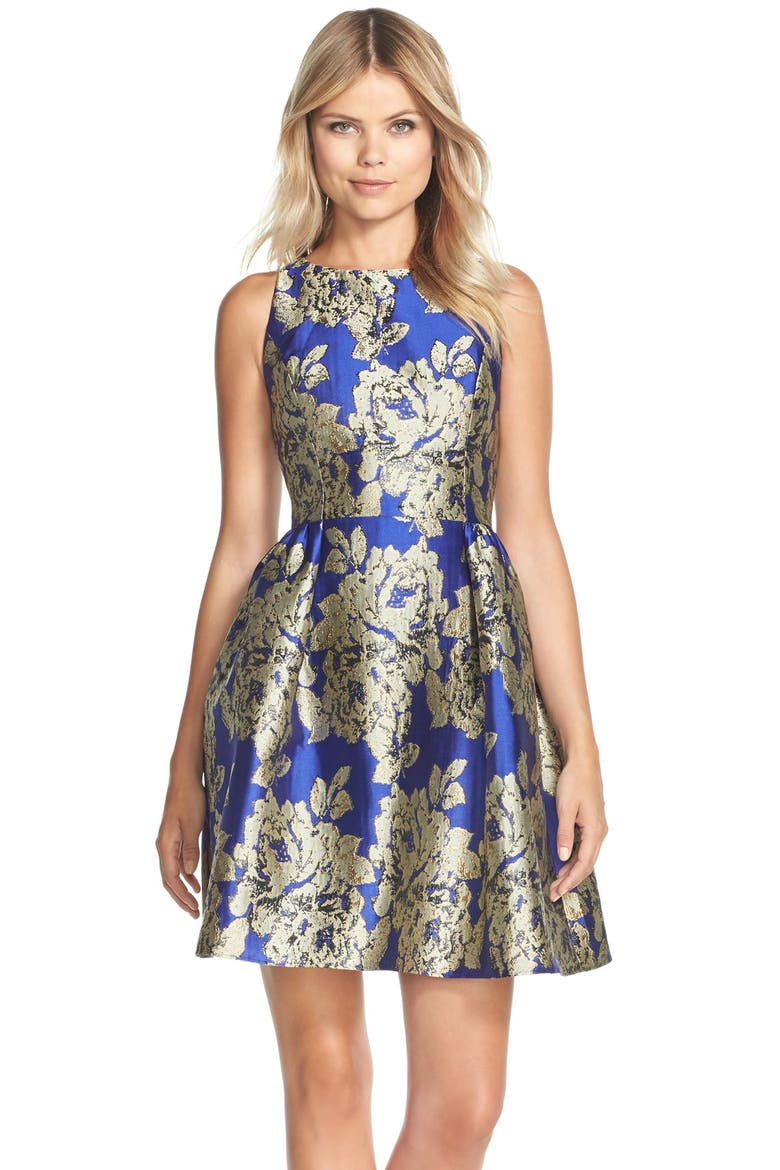 Metallic Jacquard Fit & Flare Dress, Main, color, ROYAL MULTI