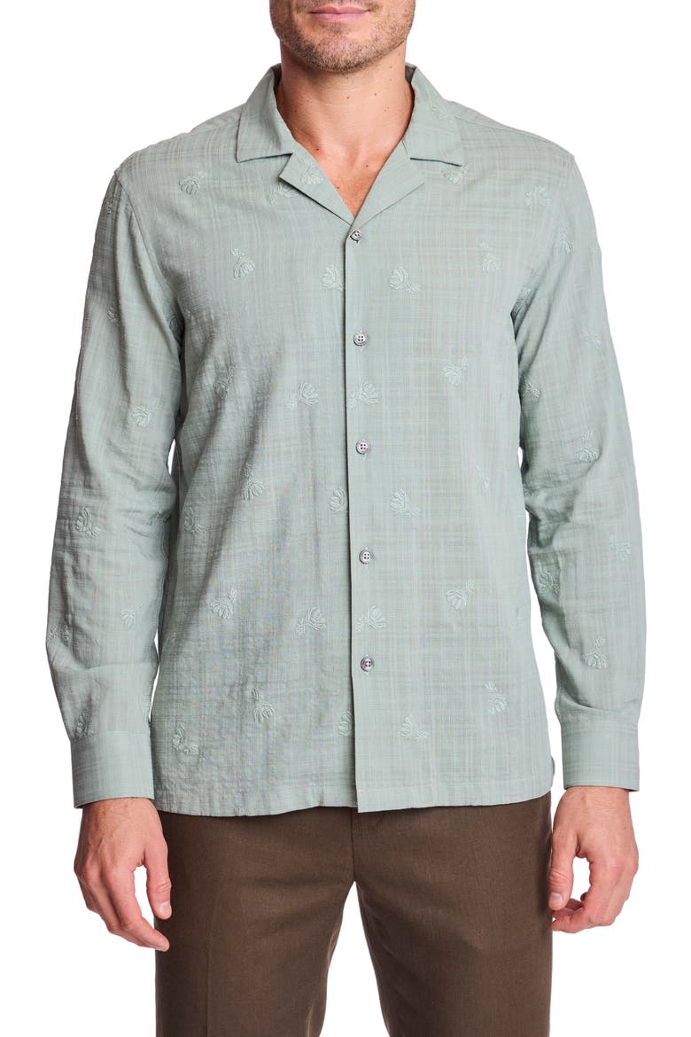 Parker Trim Fit Linen Blend Button-Up Shirt, Main, color, GREEN EMBROIDERED FLOWERS