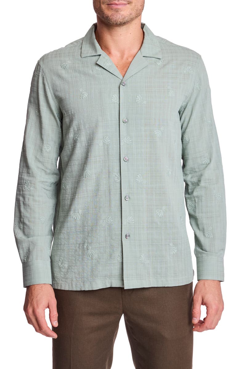 PAISLEY & GRAY Parker Trim Fit Linen Blend Button-Up Shirt, Main, color, Green Embroidered Flowers