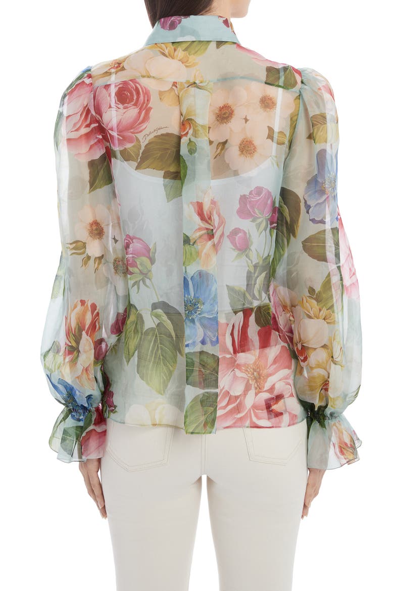 Floral Print Balloon Sleeve Silk Organza Blouse, Alternate, color, BLUE FLORAL