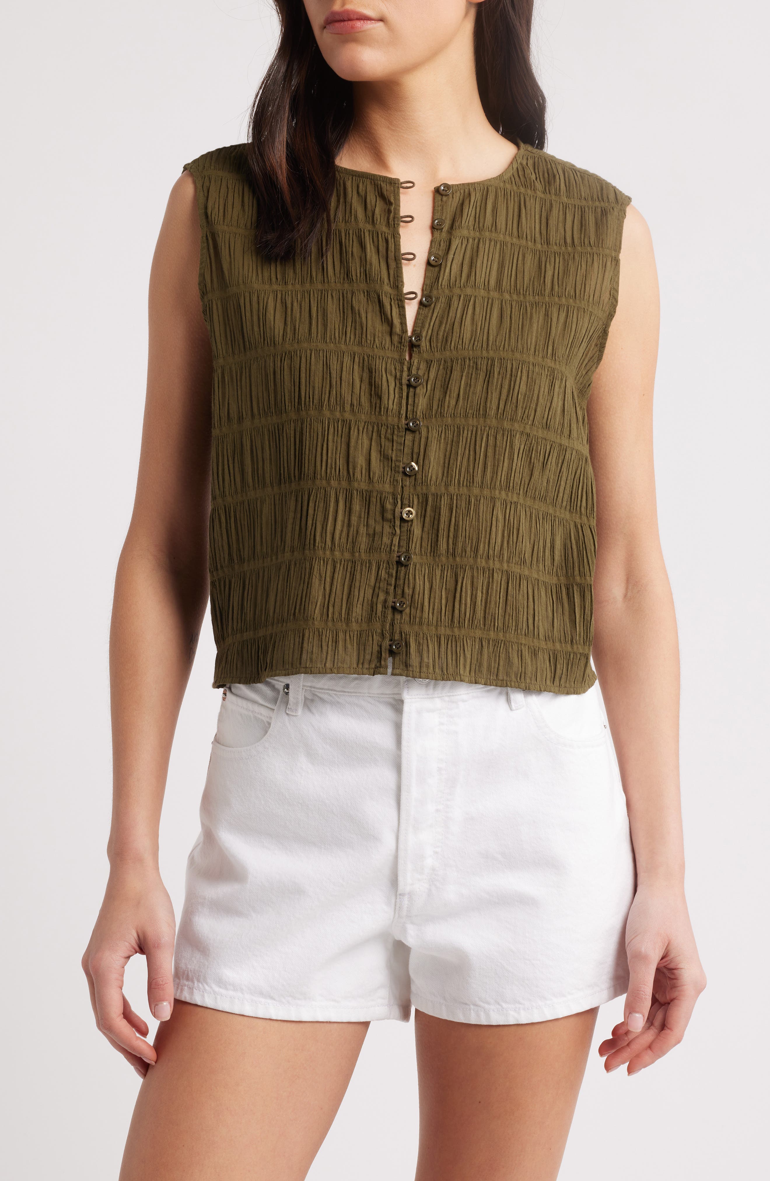 FRAME The Smocked Button & Loop Tank