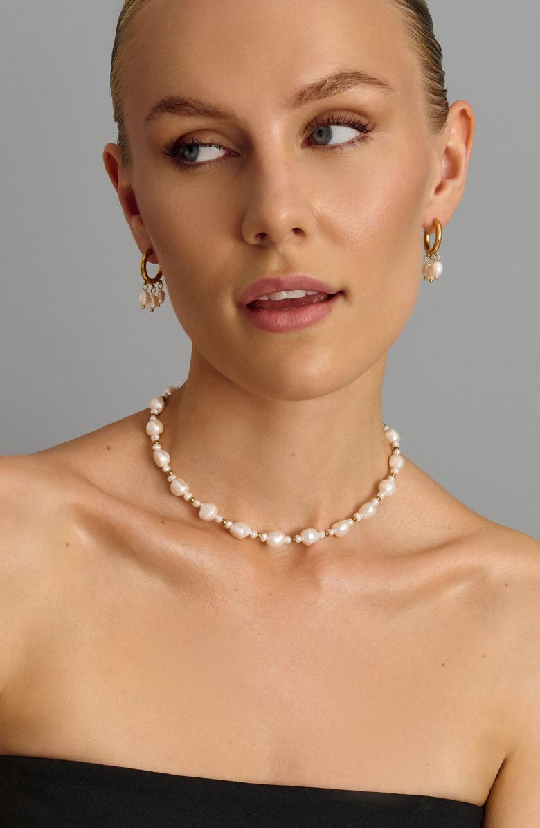 Nialaya Triple Drop Pearl Hoops, Alternate, color, Gold