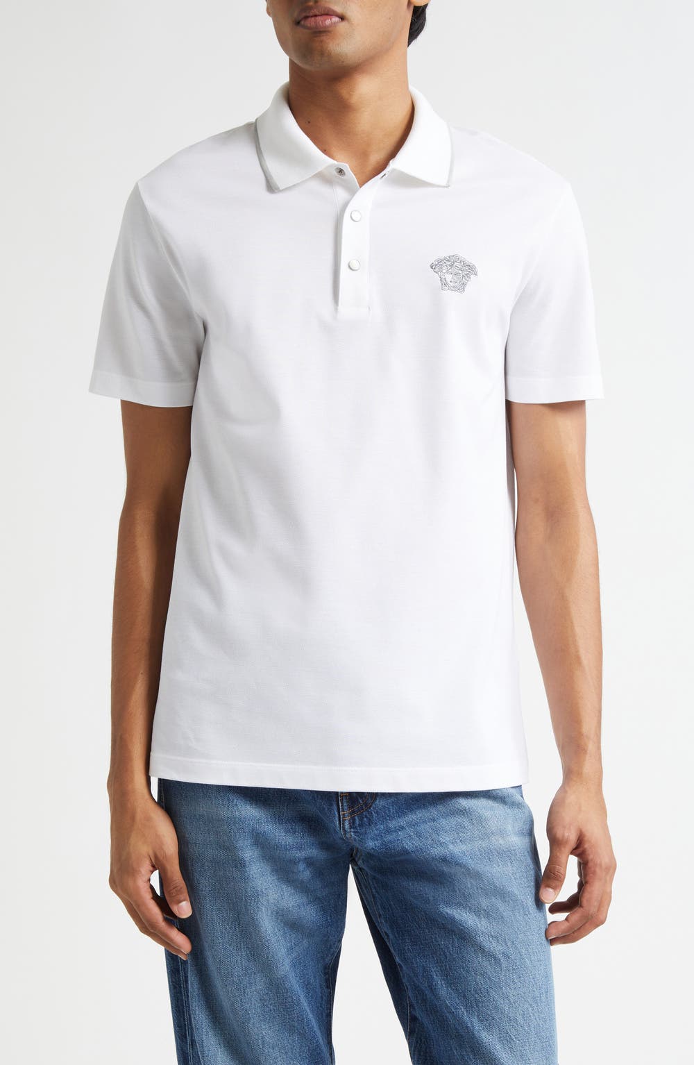 Medusa Embroidered Cotton Piqué Polo, color, OPTICAL WHITE