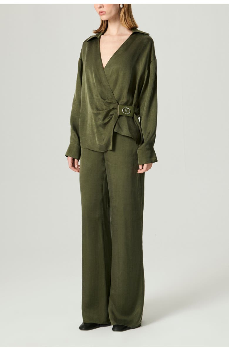 Nocturne Logo Buckle Wrap Blouse, Alternate, color, Dark Green