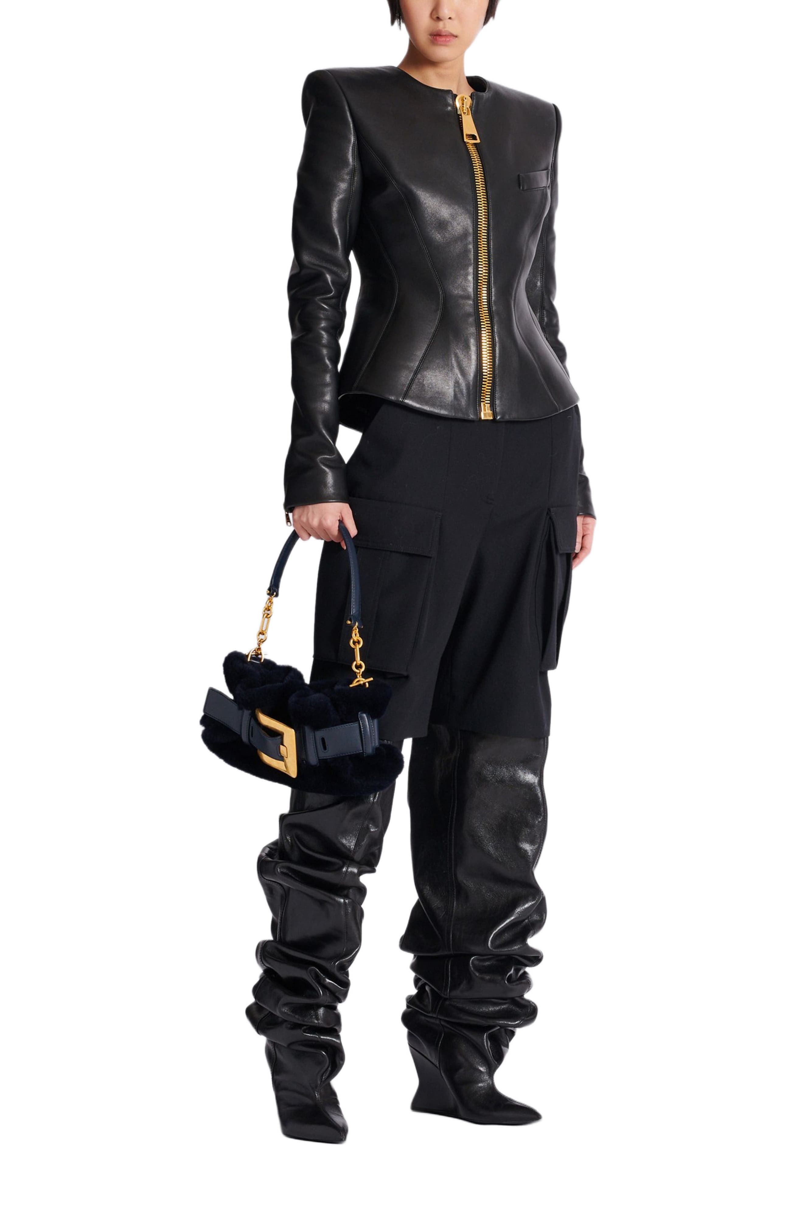 Balmain Mini Anthem Bag In Shearling, Alternate, color, Navy