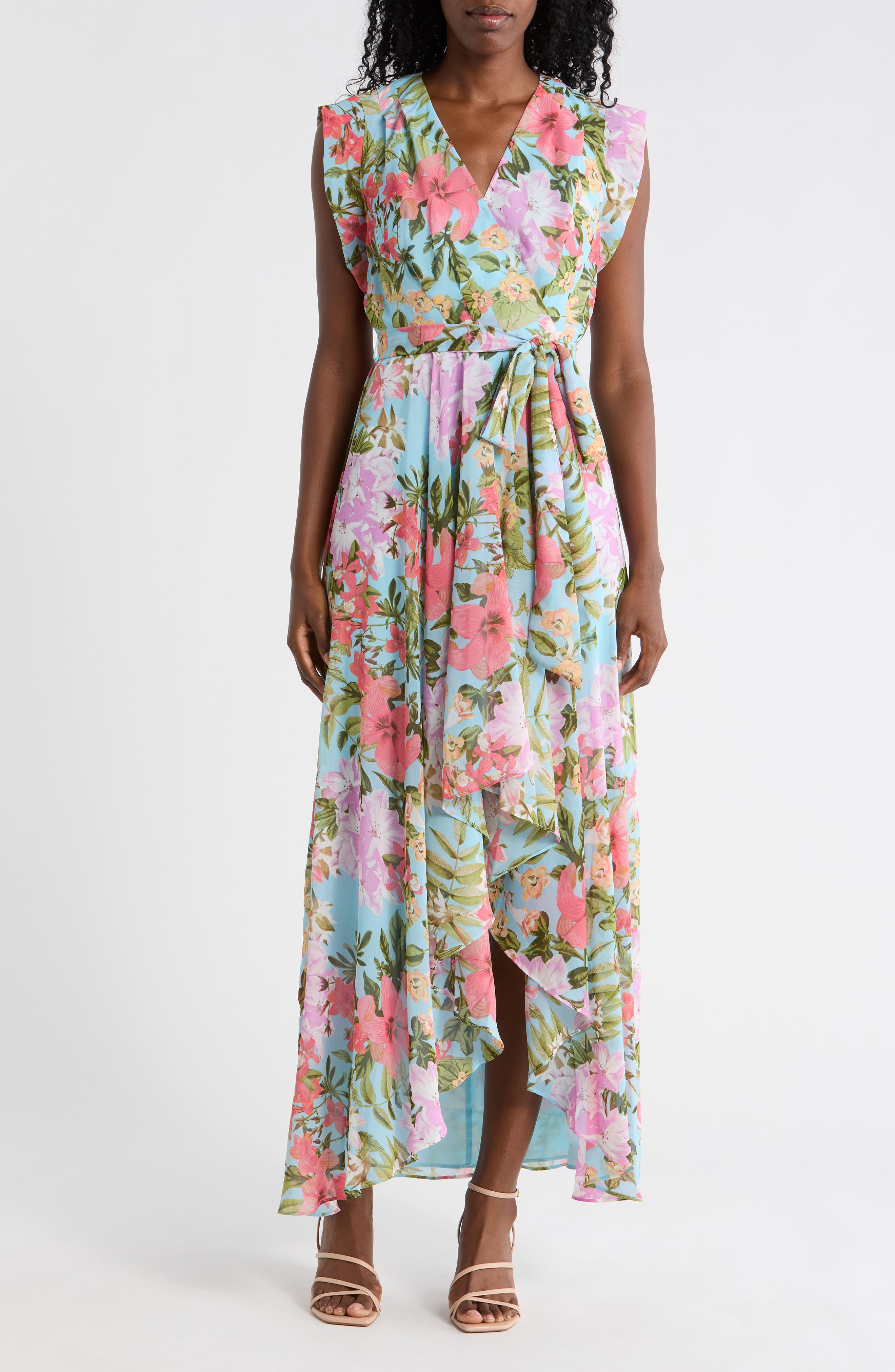 Eliza J Obi Floral Cap Sleeve High-Low Maxi Dress
