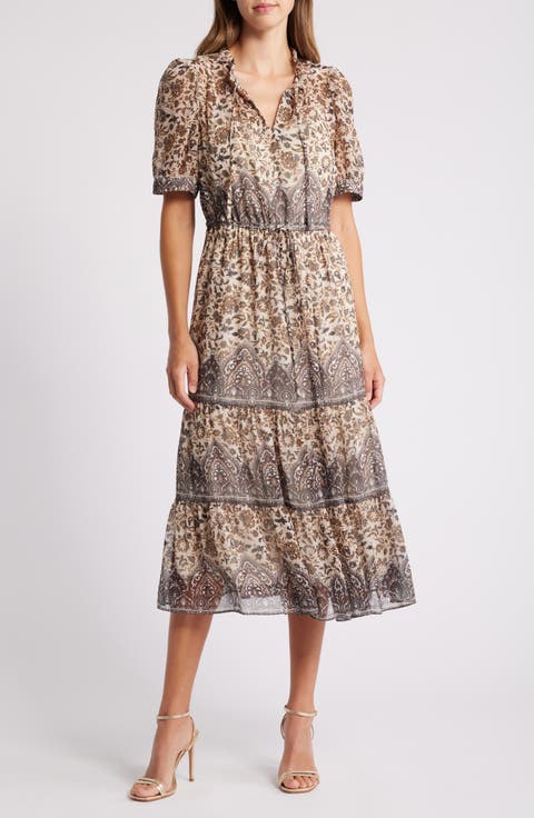 Mixed Metallic Paisley Tiered Midi Dress