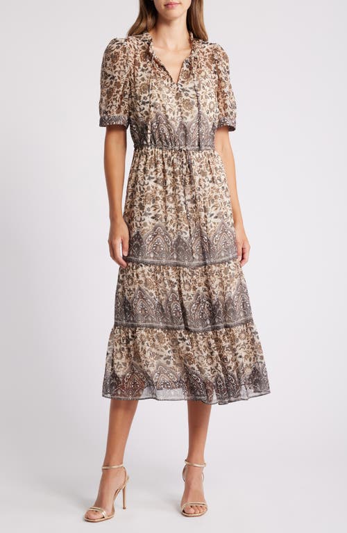 Julia Jordan Mixed Metallic Paisley Tiered Midi Dress in Beige Multi 