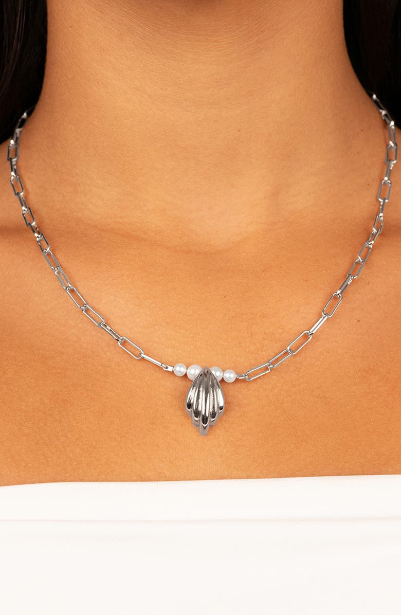 Sterling Forever Chérie Faux Pearl Shell Pendant Necklace, Alternate, color, Silver