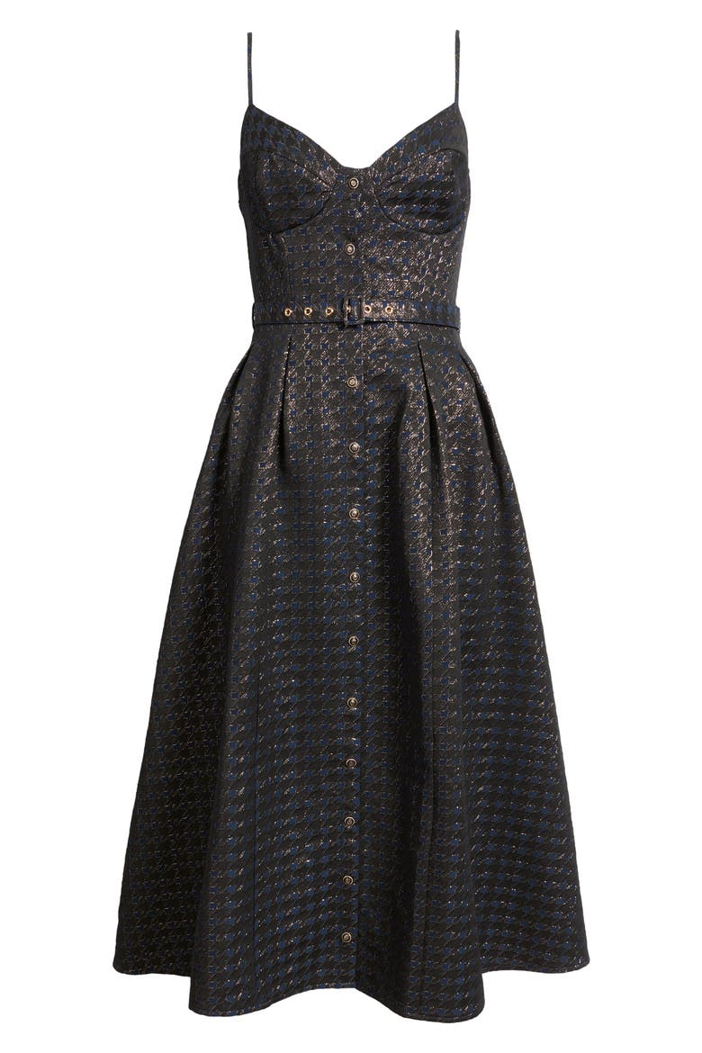 Metallic Pleated Belted Fit & Flare Midi Dress, Alternate, color, NAVY/ GOLD
