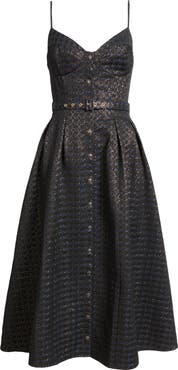 FREEMARKET Metallic Pleated Belted Fit & Flare Midi Dress
