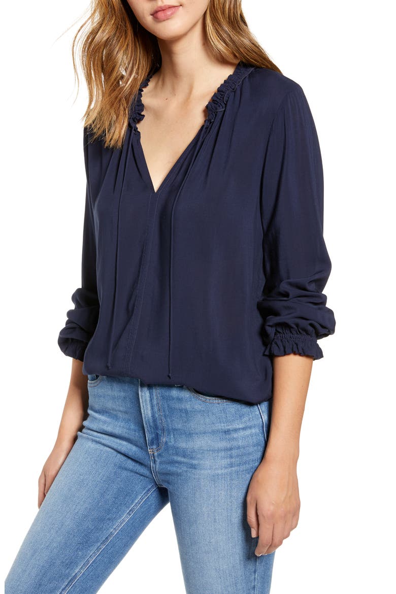 Ruffle Tie Neck Top, Main, color, POSTMAN BLUE