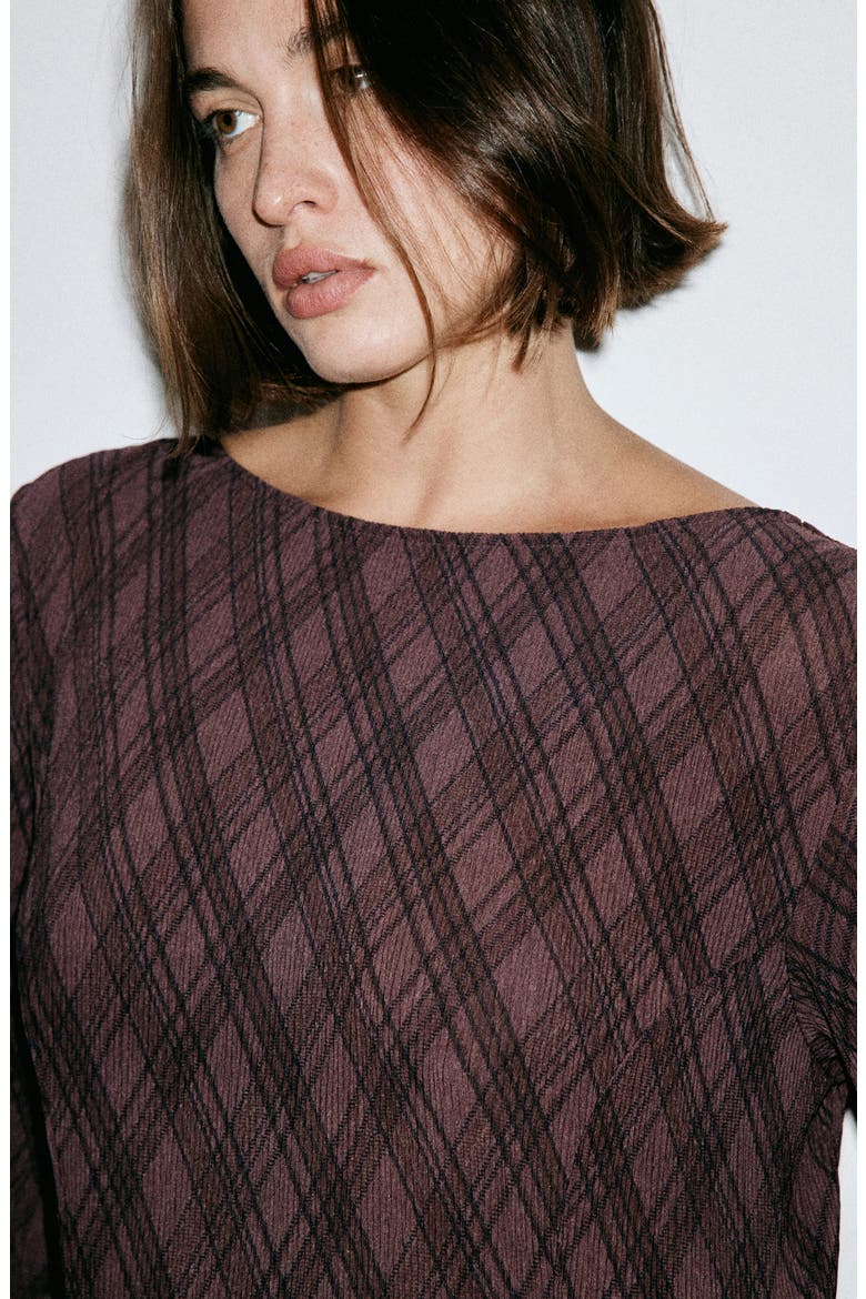 Plaid Long Sleeve Midi Dress, Alternate, color, BROWN