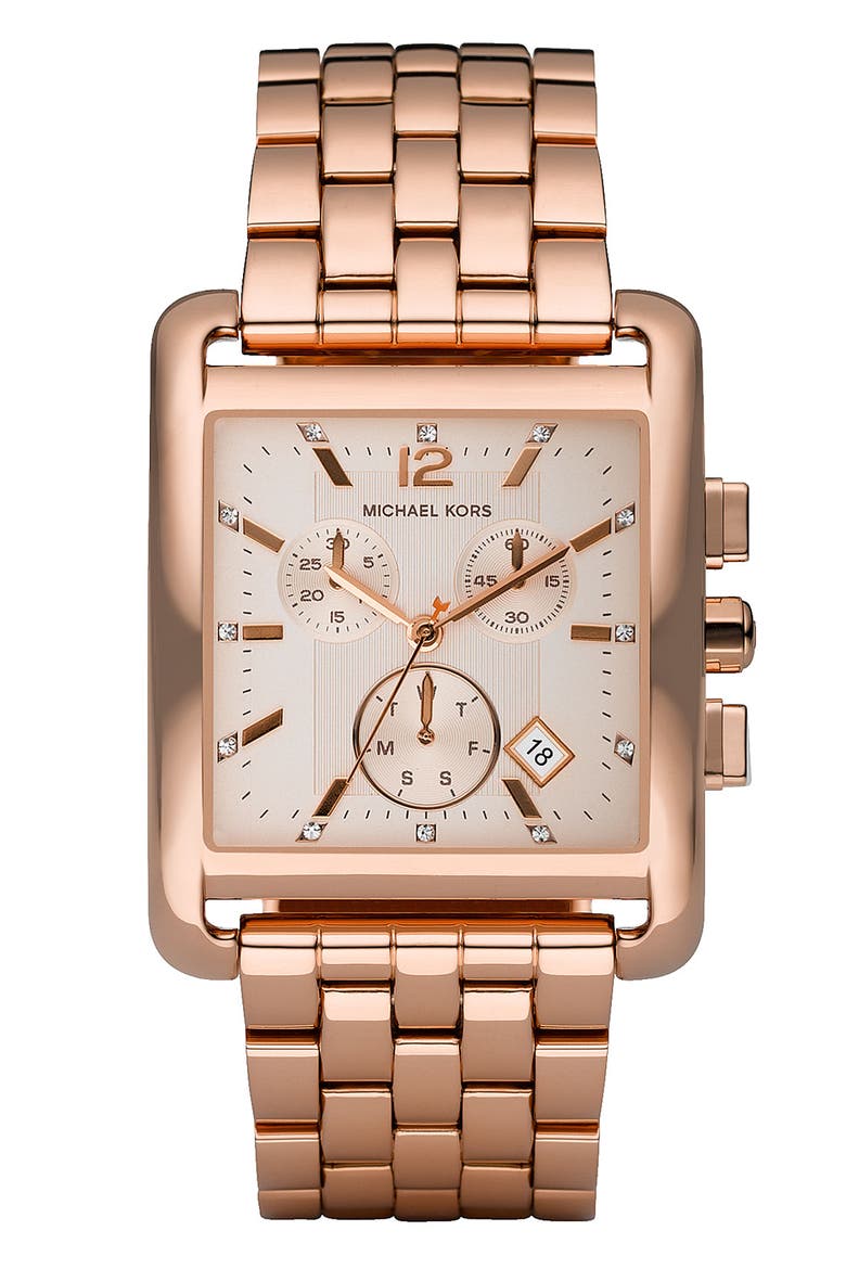 Michael Kors Rectangle Case Chronograph Watch, Main, color, ROSE GOLD