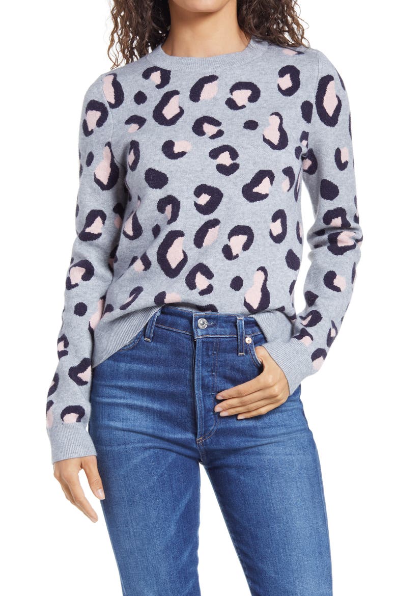 Cheetah Pattern Crewneck Sweater, Main, color, GREY HEATHER SWEATER CHEETAH