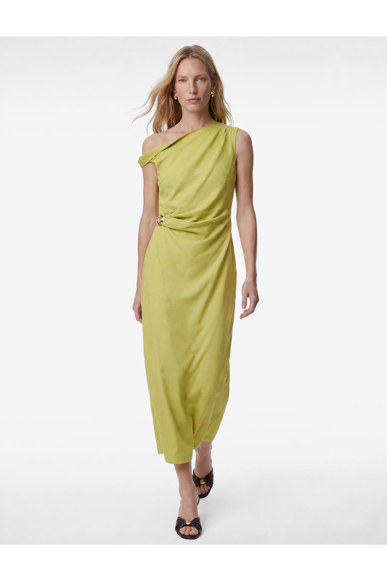 Linen Blend Accessory Detail Asymmetric Neck Midi Dress, Main, color, GREEN