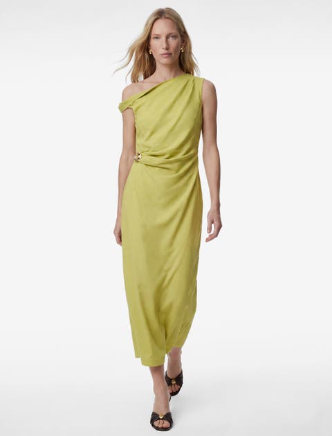 Linen Blend Accessory Detail Asymmetric Neck Midi Dress
