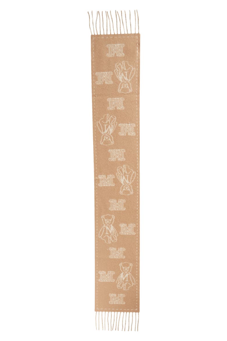 Sanima Bear Monogram Cashmere Fringe Scarf, Main, color, CAMEL