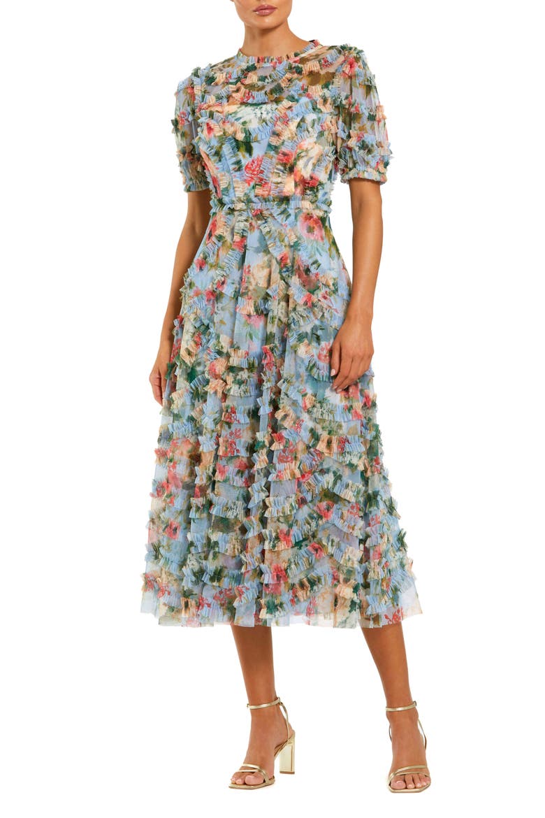 Women's Floral Printed Mesh Ruffle High Neck Midi Dress, Main, color, Blue Multi
