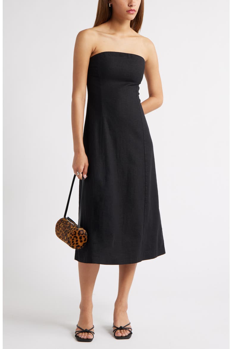 Strapless Linen Blend Midi Dress, Alternate, color, BLACK