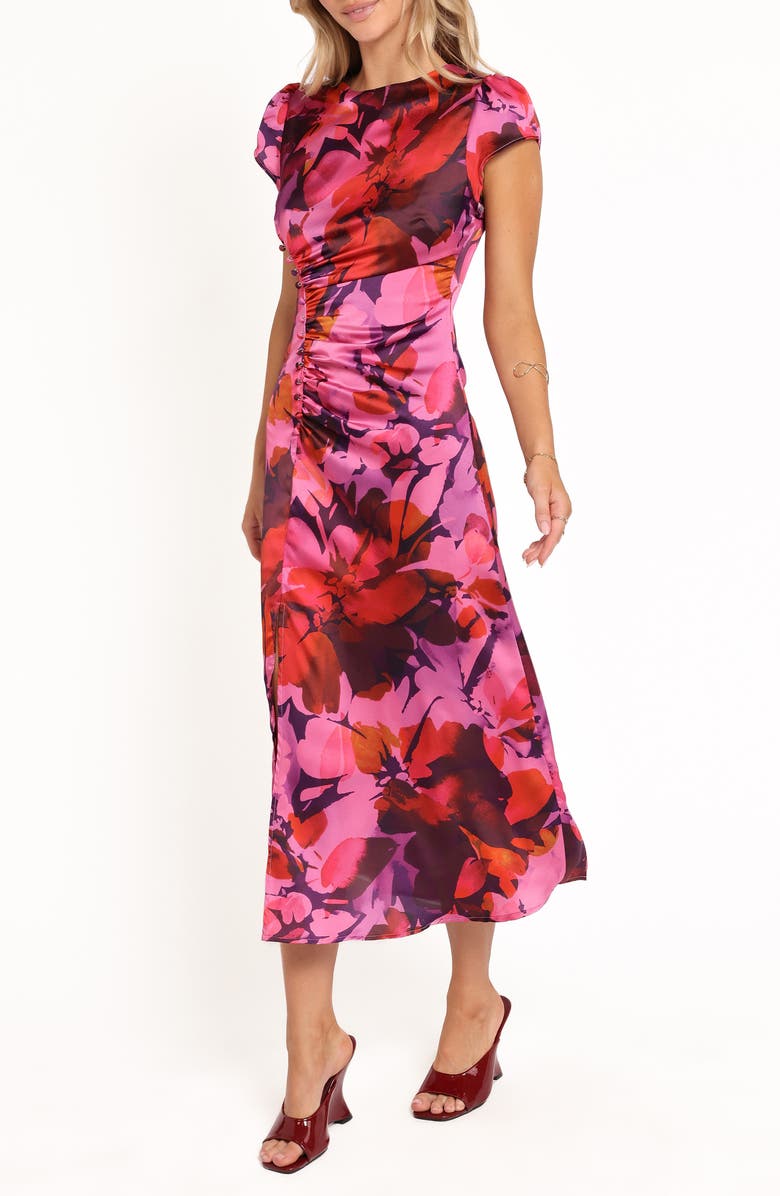 Petal & Pup Lisbeth Floral Cap Sleeve Satin Midi Dress, Alternate, color, Magenta Floral