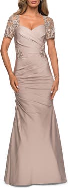La Femme Satin Evening Dress with Lace and Scoop Neckline