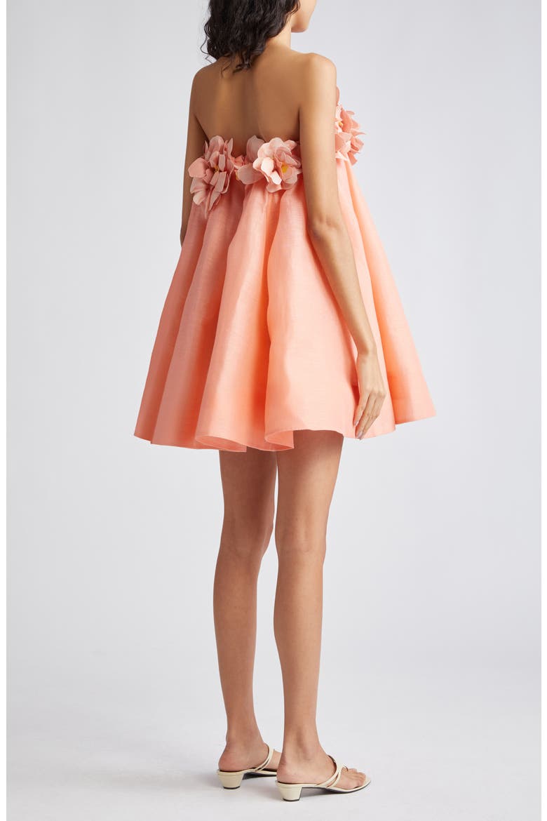 Natura Floral Appliqué Strapless Linen & Silk Minidress, Alternate, color, CORAL