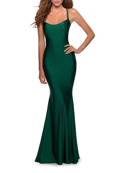 Form Fitting Prom Dress with Dramatic Lace Up Back