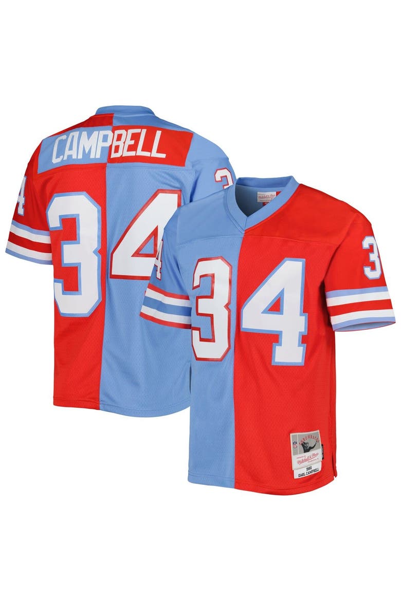 Men's Mitchell & Ness Earl Campbell Red/Light Blue Houston Oilers Gridiron Classics 1980 Split Legacy Replica Jersey, Main, color, Red