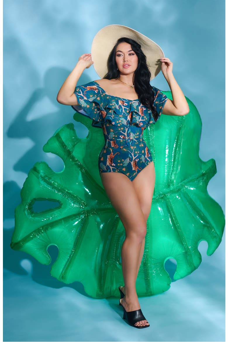 Off Shoulder Nantucket Swimsuit, Alternate, color, Teal Tiger Print