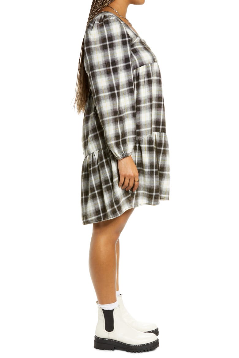 Plaid Long Sleeve Minidress, Alternate, color, IVORY- BLACK MARLEY PLAID