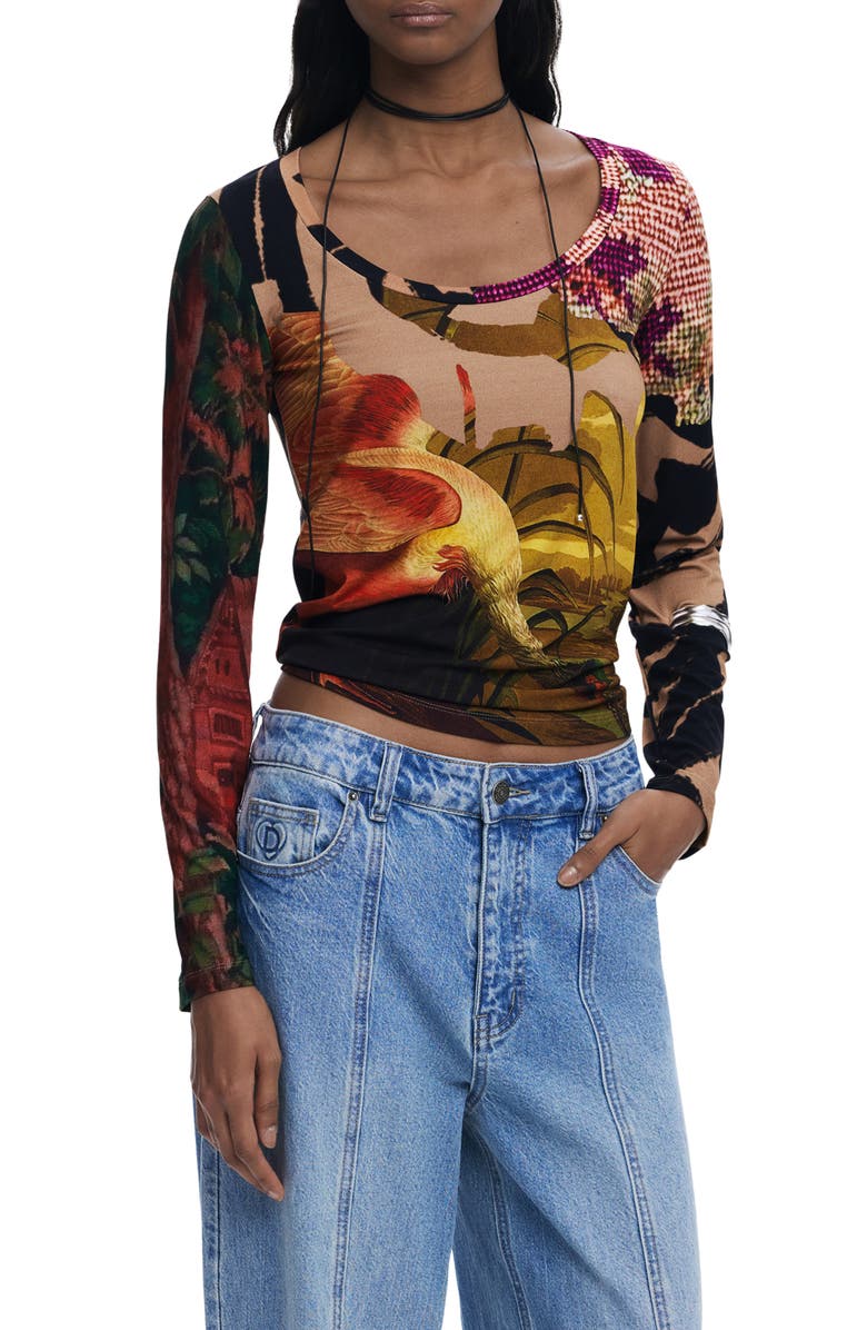 Desigual Abstract Print Scoop Neck T-Shirt, Main, color, Pink