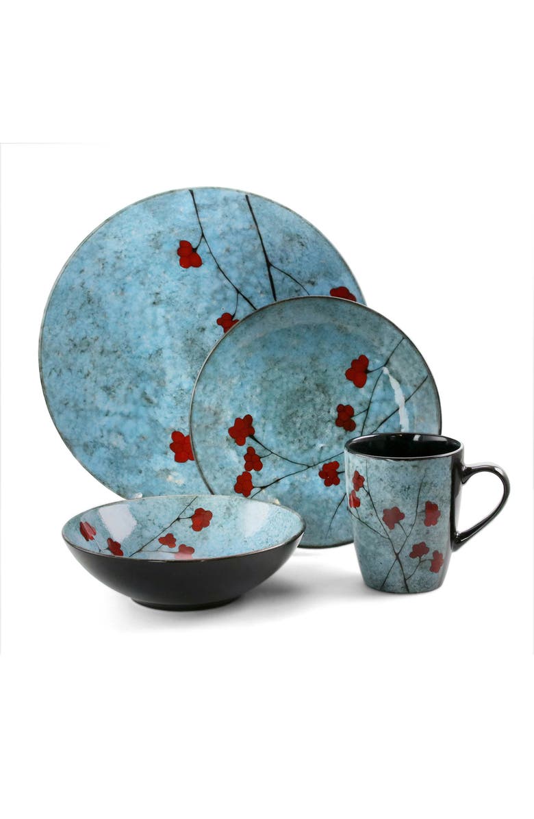 Elama Floral Accents 16 Piece Dinnerware Set, Alternate, color, Blue