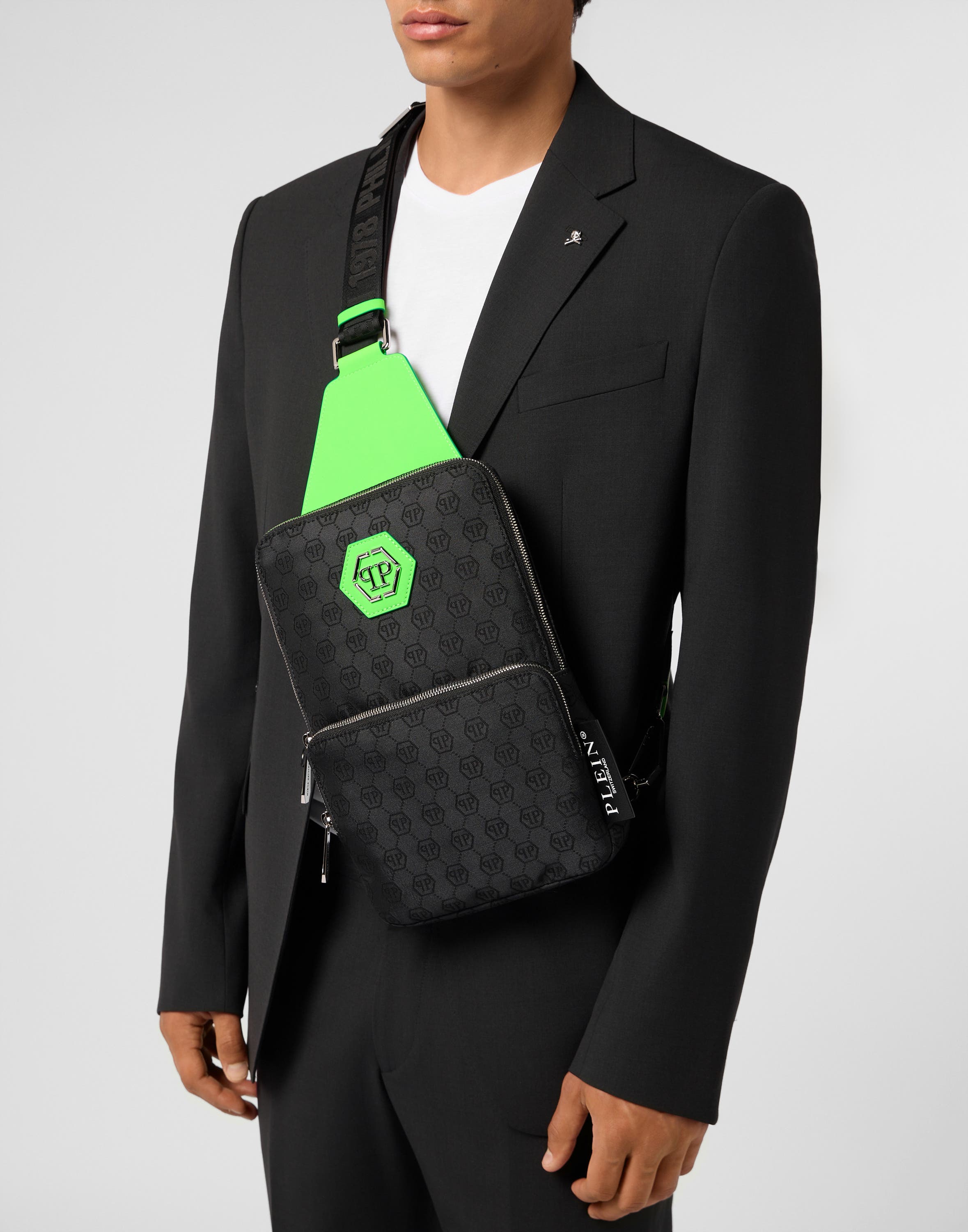 Cross Body Bag Jacquard Monogram Men, Main, color, black+greenfluo
