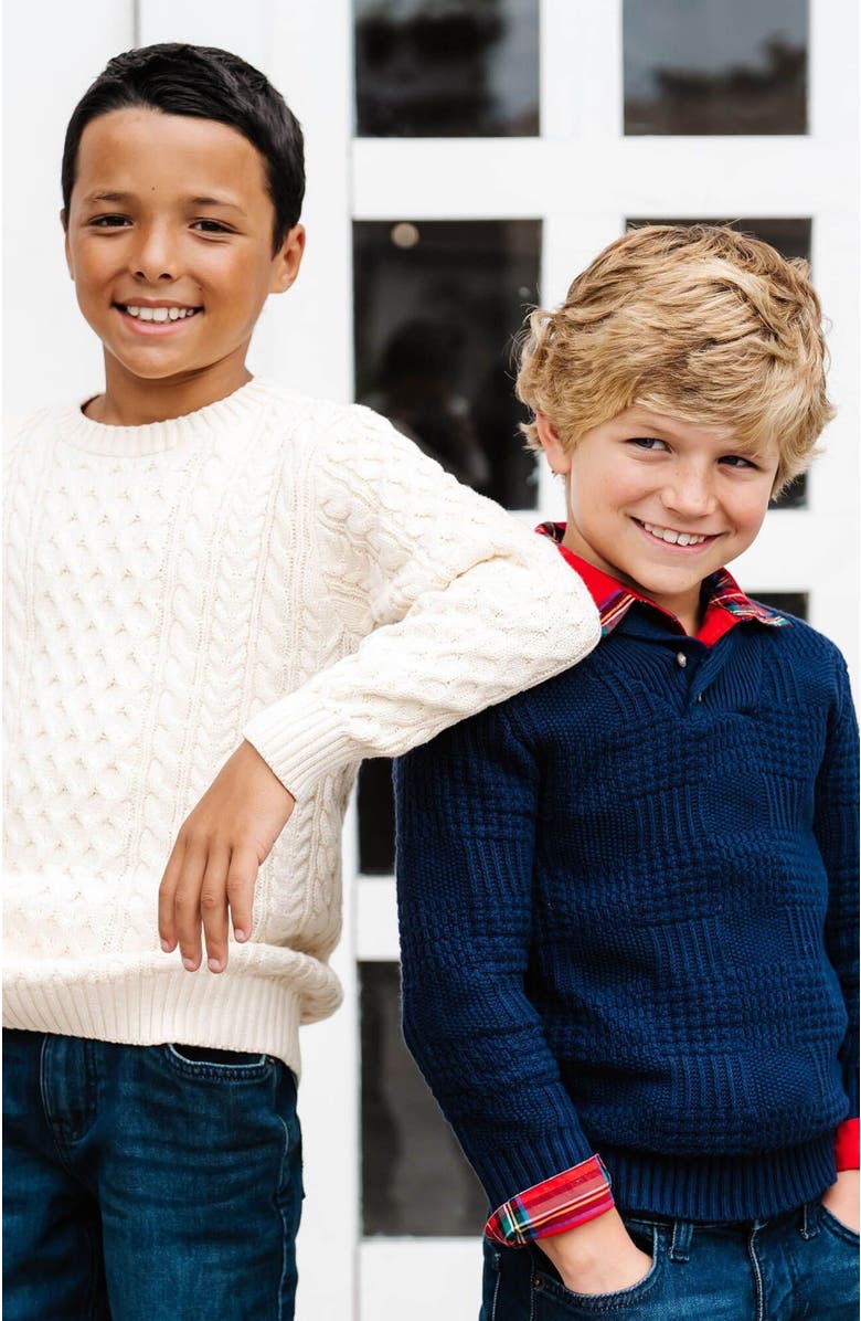 Hope & Henry Boys' Organic Textured Shawl Collar Sweater, Kids, Alternate, color, Navy Glen Plaid Texture