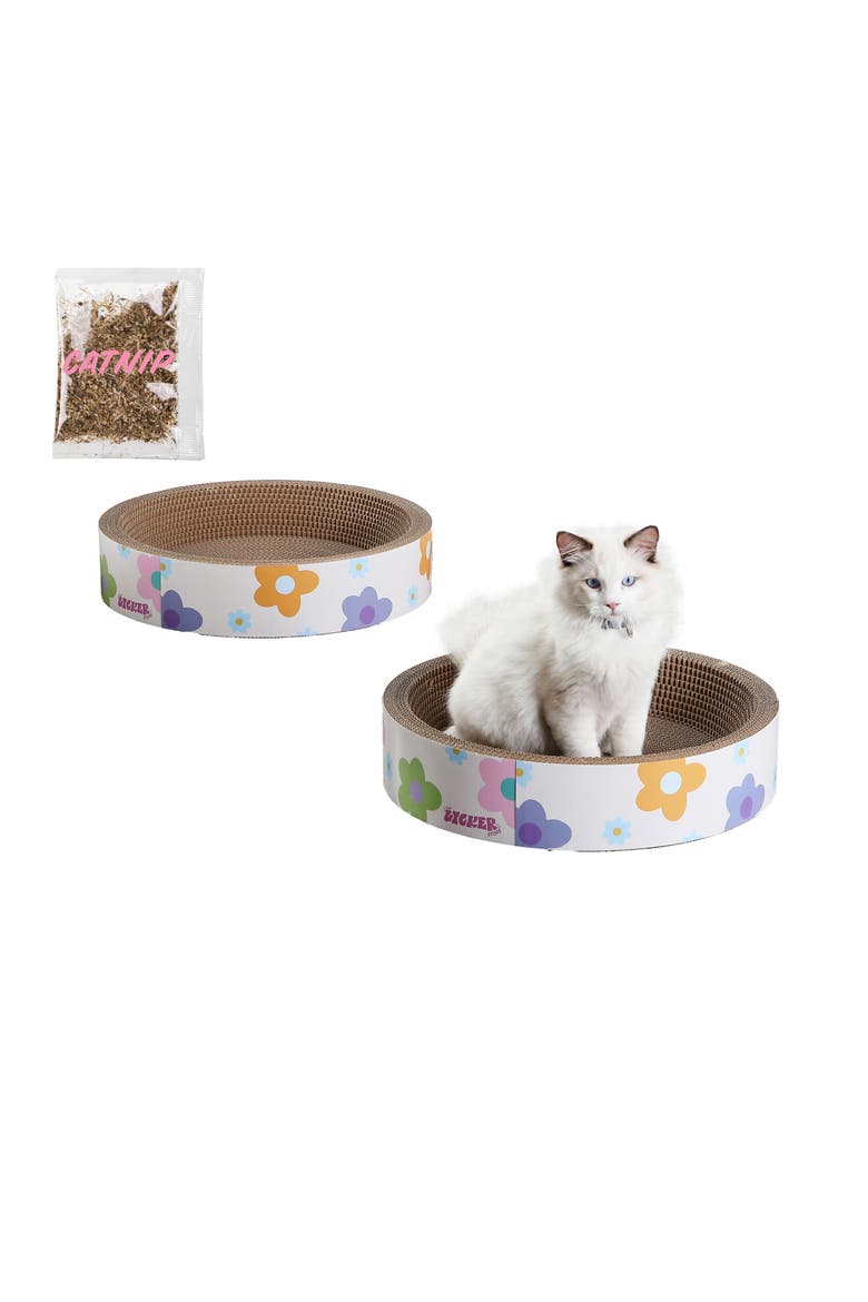 Daisy 18.13" Modern Cardboard Bowl Cat Scratcher with Catnip, Main, color, White/Multi