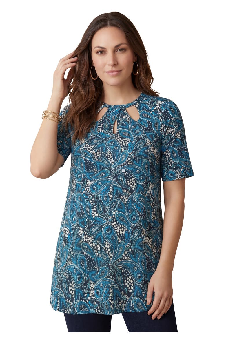 Stretch Knit Cutout Swing Tunic (plus), Main, color, POOL BLUE GARDEN PAISLEY
