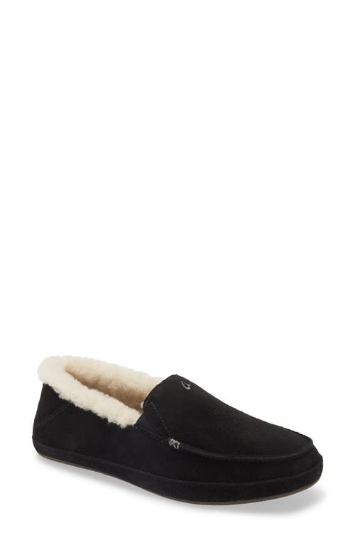 OluKai Ku'una Genuine Shearling Slipper in Black/Black Leather 