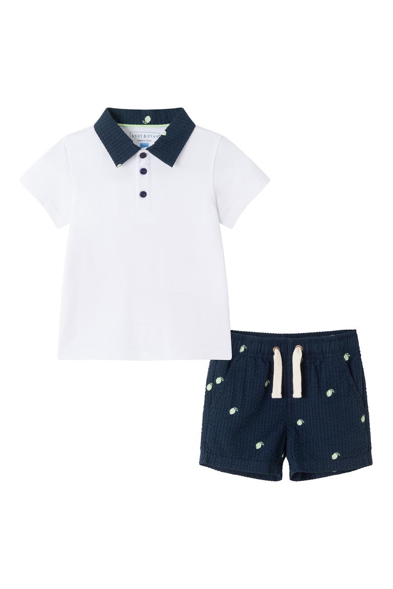 Tipped Polo & Seersucker Shorts Set, Main, color, WHITE