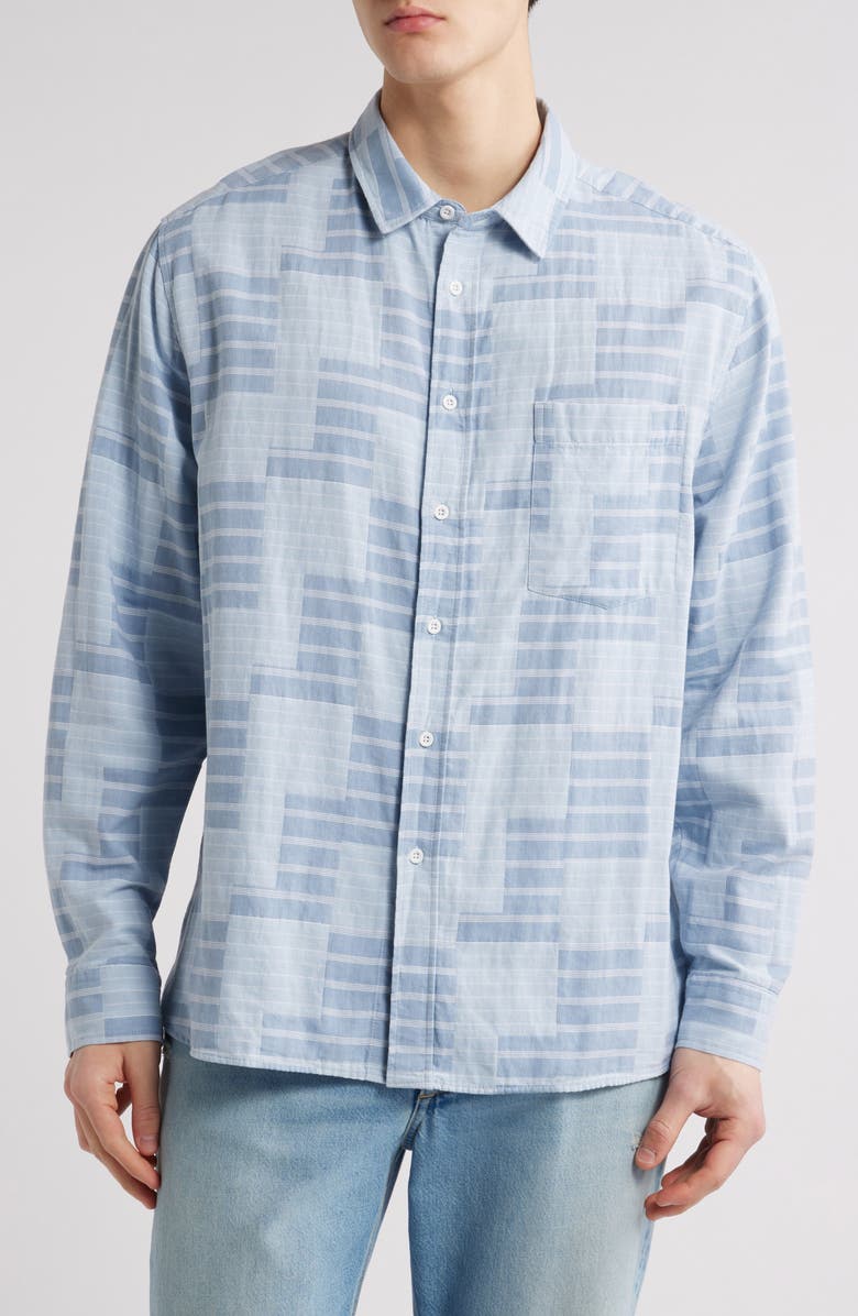 Percival Block Patch Pearce Stripe Cotton Button-Up Shirt, Main, color, Blue