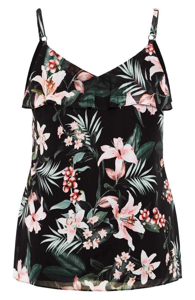City Chic Violet Ophelia Floral Ruffle Camisole, Alternate, color, Black Print