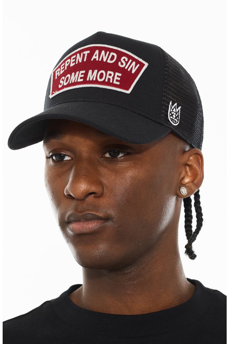 Repent & Sin Mesh Back Trucker Hat, Alternate, color, BLACK
