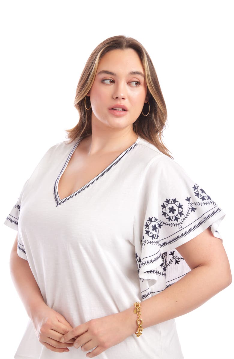 Karen Kane Embroidered Flutter Sleeve Organic Cotton Top, Alternate, color, Off White