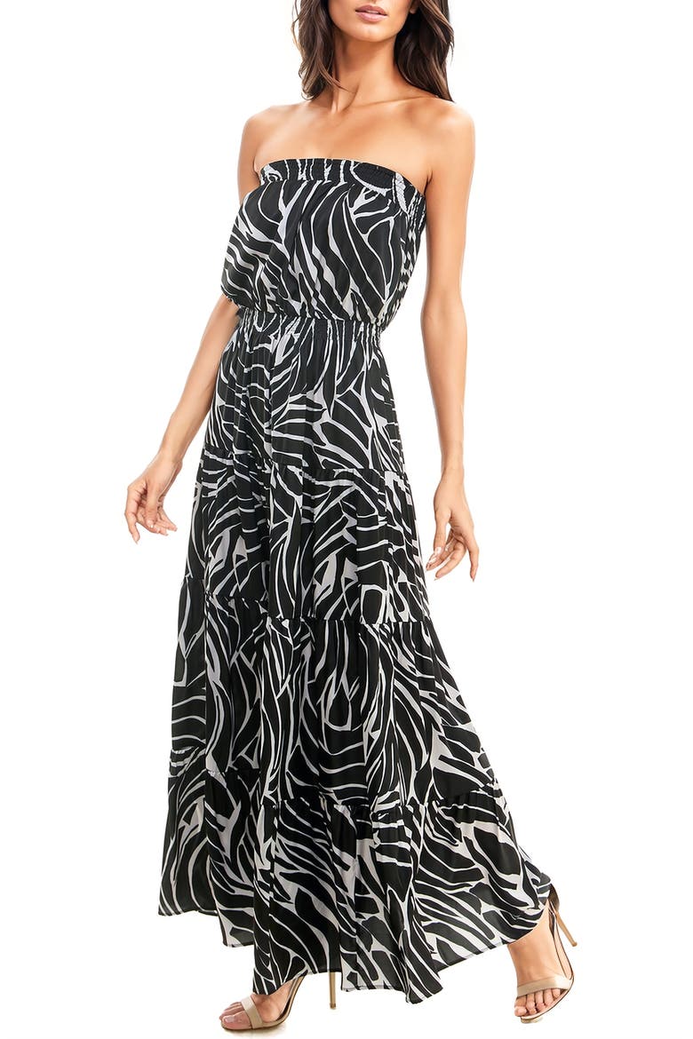 Print Strapless Maxi Dress, Alternate, color, BLACK/ TAN