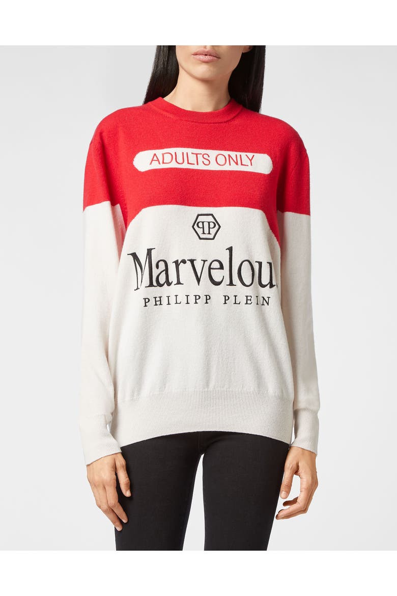 Pullover Round Neck Women, Main, color, white/red