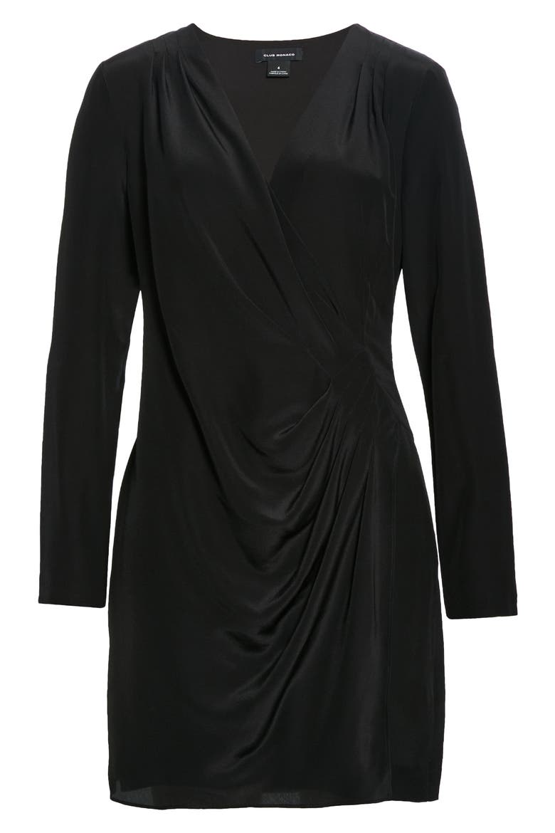 Side Drape Long Sleeve Silk Minidress, Alternate, color, CAVIAR