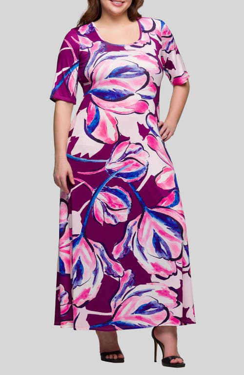 24seven Comfort Apparel Plus Size Print Elbow Sleeve Casual A-line Maxi Dress In Multi