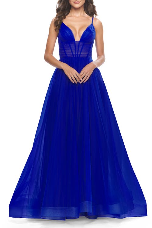 La Femme A-line Tulle Gown With Illusion Bodice And Boning In Royal Blue